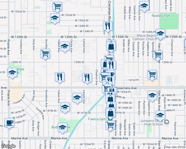 map of restaurants, bars, coffee shops, grocery stores, and more near 14001 Chadron Avenue in Hawthorne