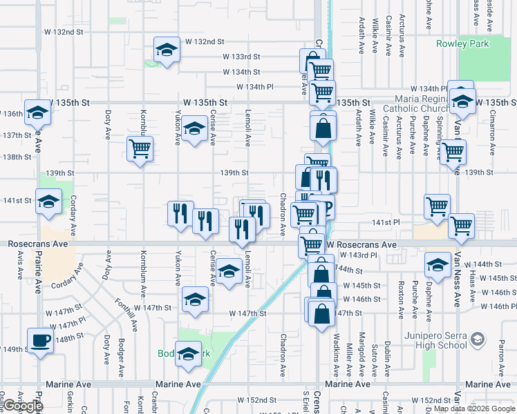 map of restaurants, bars, coffee shops, grocery stores, and more near 13932 Lemoli Avenue in Hawthorne