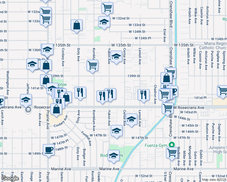 map of restaurants, bars, coffee shops, grocery stores, and more near 14004 Yukon Avenue in Hawthorne