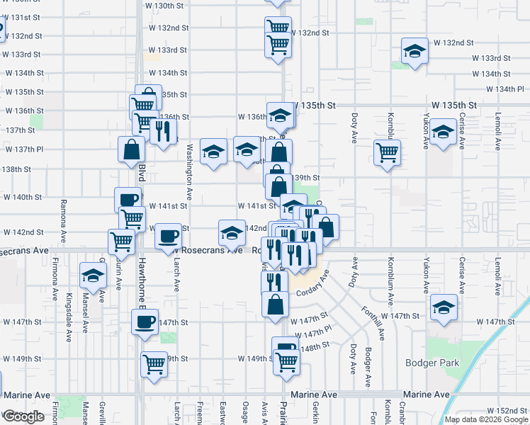 map of restaurants, bars, coffee shops, grocery stores, and more near 4069 West 141st Street in Hawthorne