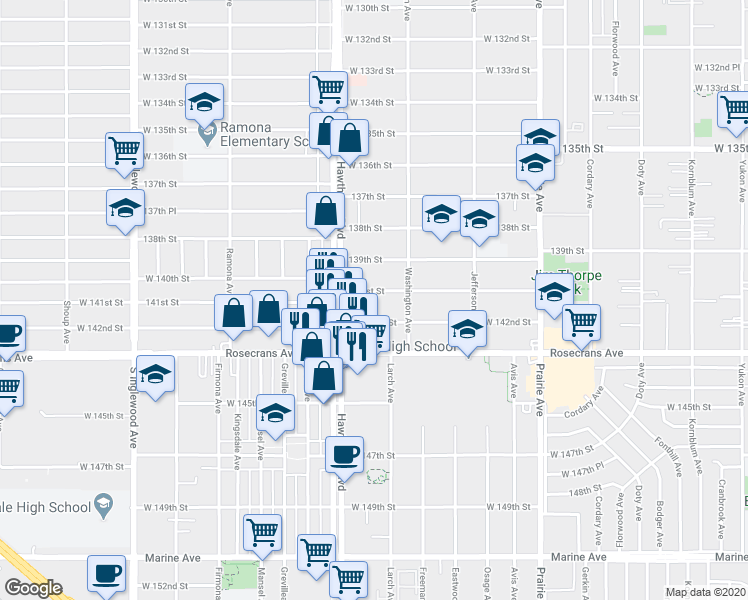 map of restaurants, bars, coffee shops, grocery stores, and more near 4379 West 141st Street in Hawthorne