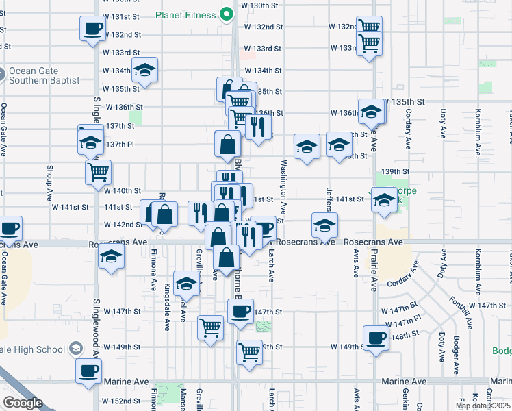 map of restaurants, bars, coffee shops, grocery stores, and more near 4379 West 141st Street in Hawthorne