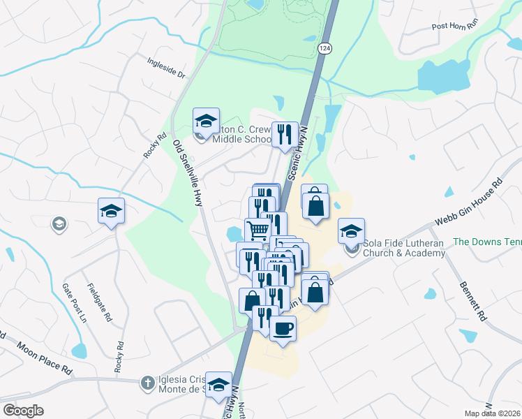 map of restaurants, bars, coffee shops, grocery stores, and more near 1270 Leisure Lake Drive in Lawrenceville