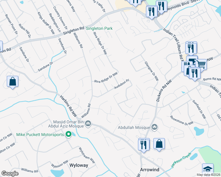 map of restaurants, bars, coffee shops, grocery stores, and more near 1063 Thrasher Court Northwest in Norcross