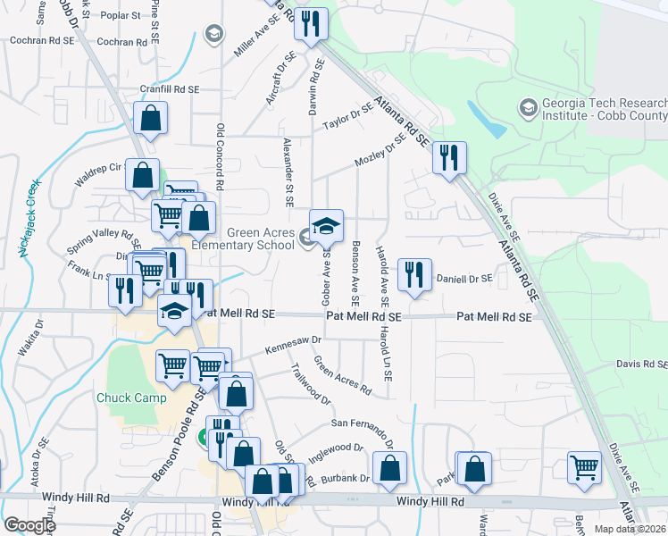 map of restaurants, bars, coffee shops, grocery stores, and more near 1996 Benson Avenue Southeast in Smyrna
