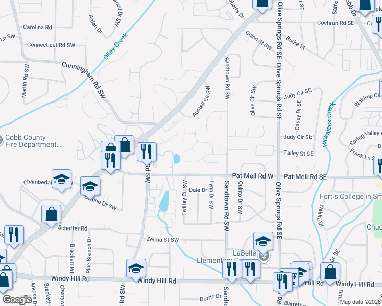 map of restaurants, bars, coffee shops, grocery stores, and more near 2157 Windstream Way in Marietta
