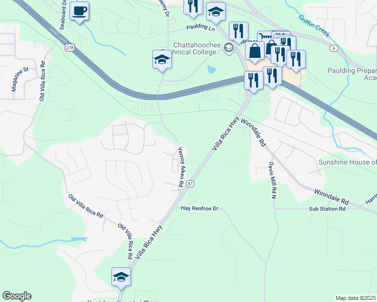 map of restaurants, bars, coffee shops, grocery stores, and more near 368 Vernoy Aiken Road in Dallas