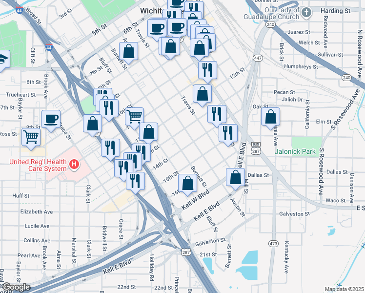 map of restaurants, bars, coffee shops, grocery stores, and more near 1302 Austin Street in Wichita Falls