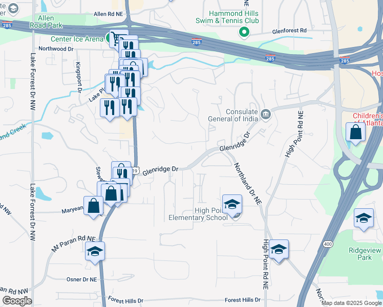 map of restaurants, bars, coffee shops, grocery stores, and more near 5450 Glenridge Drive in Sandy Springs