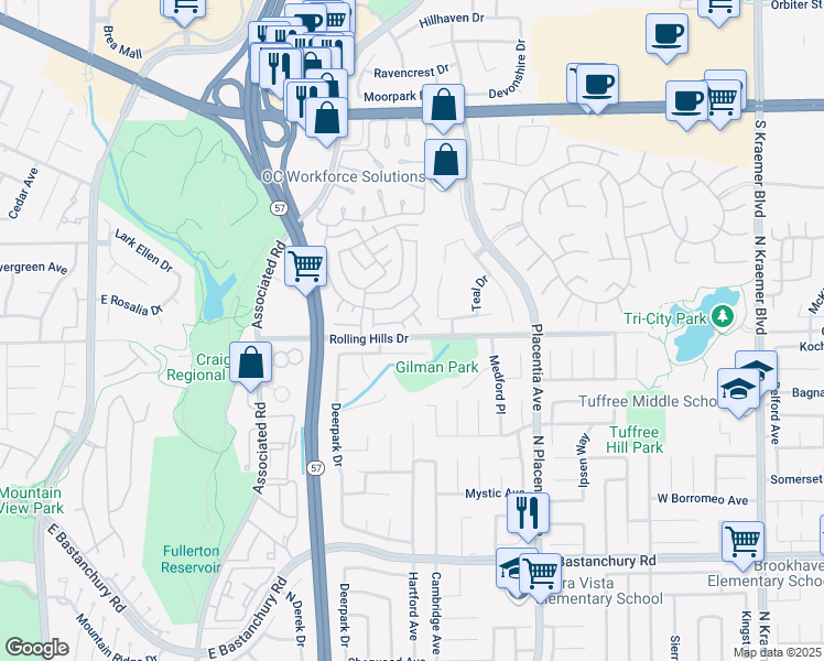 map of restaurants, bars, coffee shops, grocery stores, and more near 2940 Sparrow Drive in Fullerton