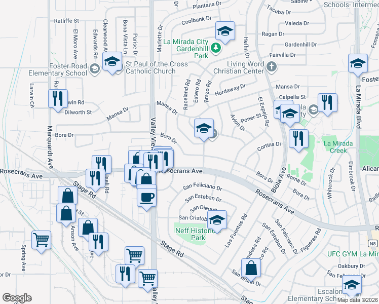 map of restaurants, bars, coffee shops, grocery stores, and more near 14354 Ramo Drive in La Mirada