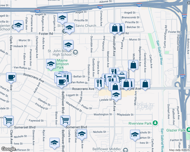 map of restaurants, bars, coffee shops, grocery stores, and more near 14042 Eastbrook Avenue in Bellflower