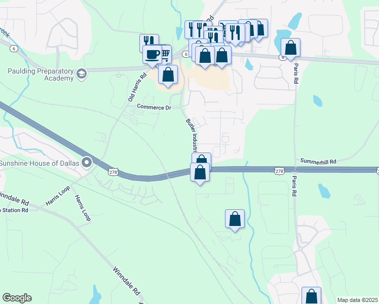 map of restaurants, bars, coffee shops, grocery stores, and more near 416 Butler Industrial Drive in Dallas