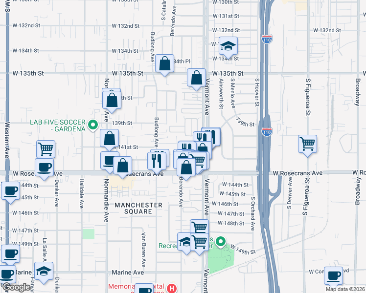 map of restaurants, bars, coffee shops, grocery stores, and more near 14047 Pearl Lane in Gardena