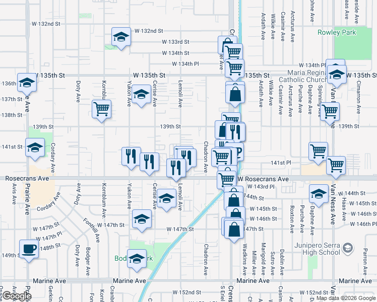 map of restaurants, bars, coffee shops, grocery stores, and more near 13932 Lemoli Avenue in Hawthorne