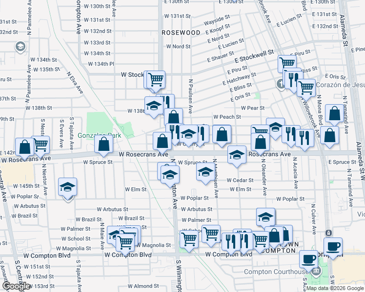 map of restaurants, bars, coffee shops, grocery stores, and more near 720 West Cherry Street in Compton