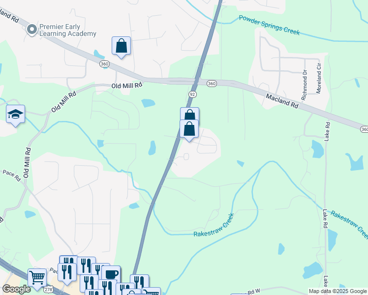 map of restaurants, bars, coffee shops, grocery stores, and more near 44 Darby's Crossing Court in Hiram