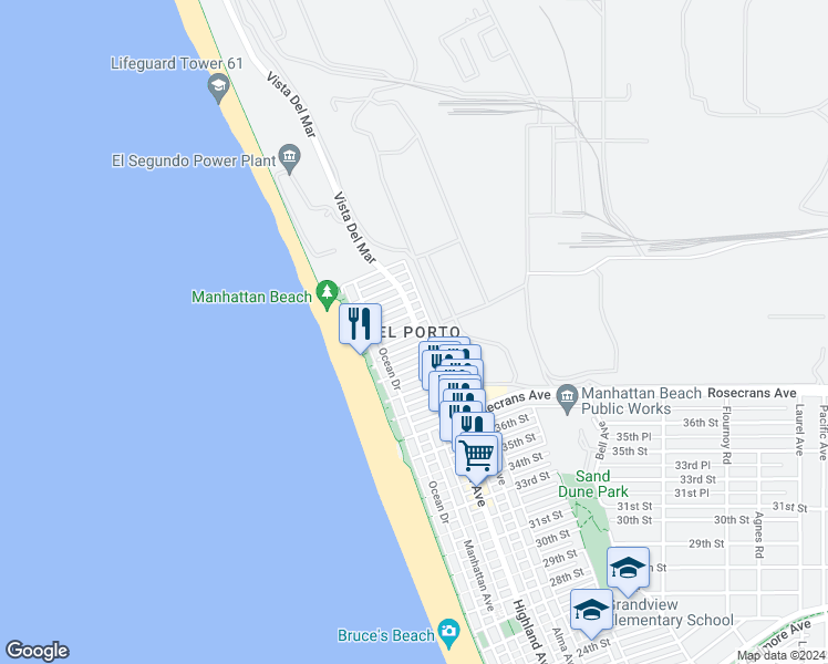 map of restaurants, bars, coffee shops, grocery stores, and more near 4113 Highland Avenue in Manhattan Beach