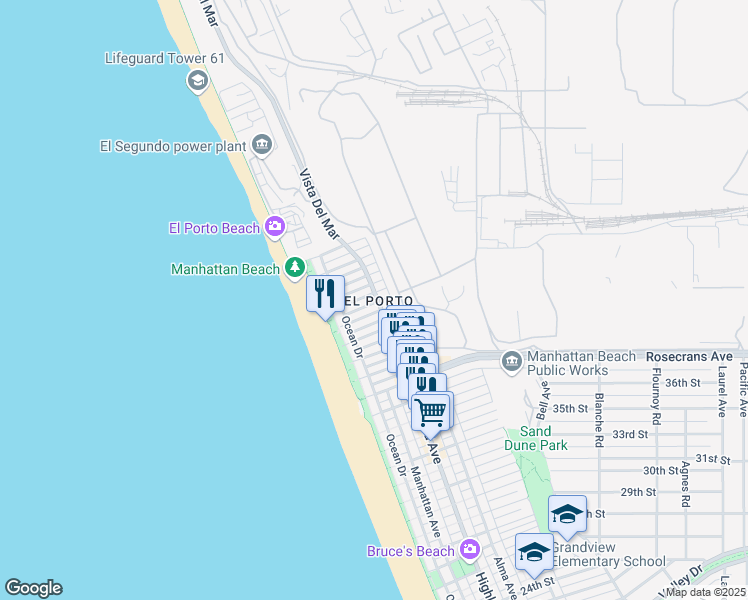 map of restaurants, bars, coffee shops, grocery stores, and more near 4113 Highland Avenue in Manhattan Beach