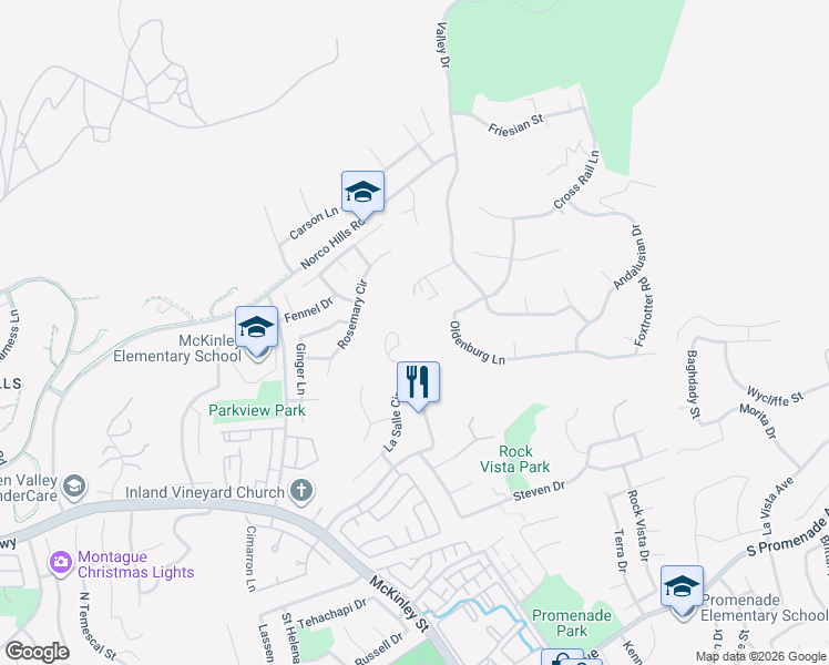 map of restaurants, bars, coffee shops, grocery stores, and more near 1130 La Salle Circle in Norco