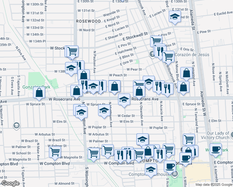 map of restaurants, bars, coffee shops, grocery stores, and more near 522 West Cherry Street in Compton