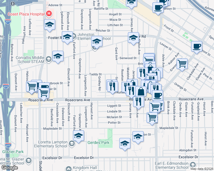map of restaurants, bars, coffee shops, grocery stores, and more near 14022 Sylvanwood Avenue in Norwalk