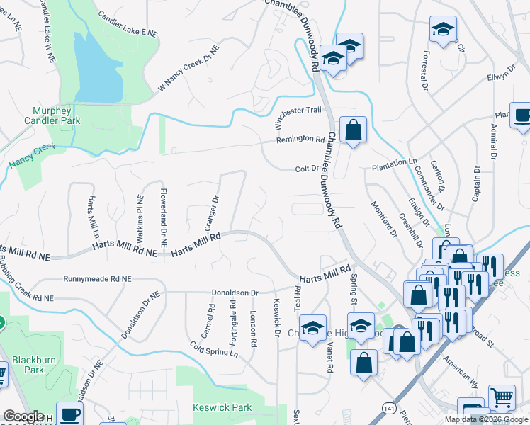 map of restaurants, bars, coffee shops, grocery stores, and more near 3822 Sidestreet Circle in Atlanta