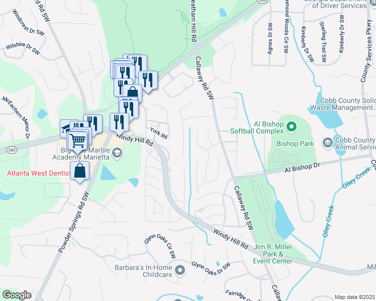 map of restaurants, bars, coffee shops, grocery stores, and more near 2093 Kolb Ridge Court Southwest in Marietta