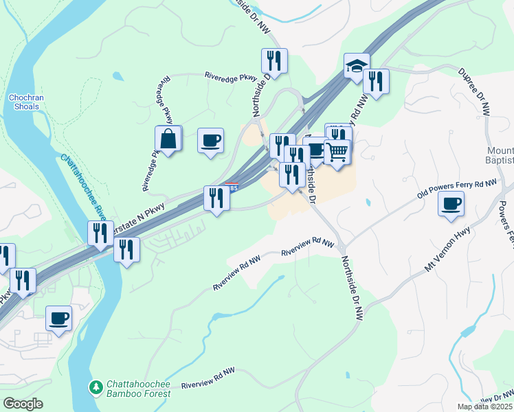 map of restaurants, bars, coffee shops, grocery stores, and more near 6425 Powers Ferry Rd NW in Atlanta