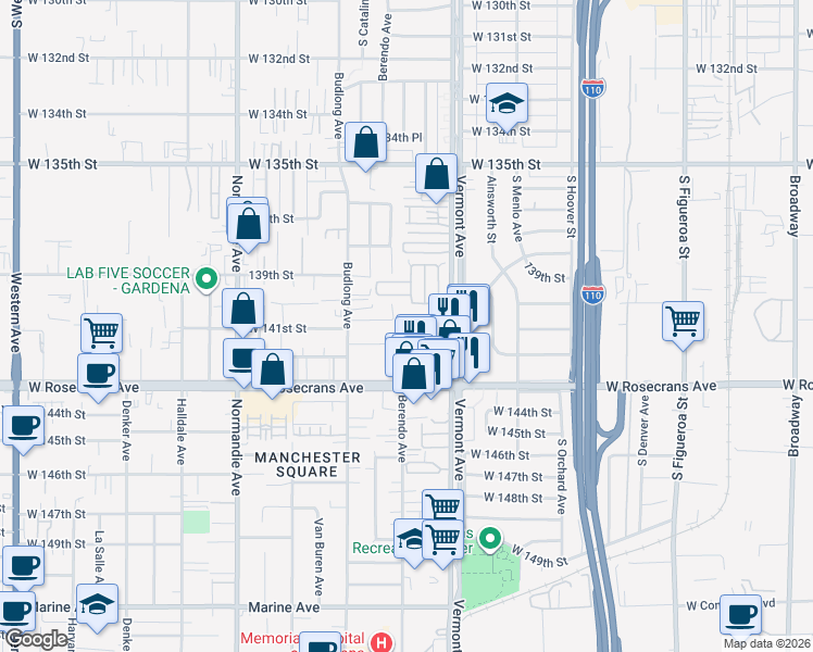 map of restaurants, bars, coffee shops, grocery stores, and more near 14047 Pearl Lane in Gardena