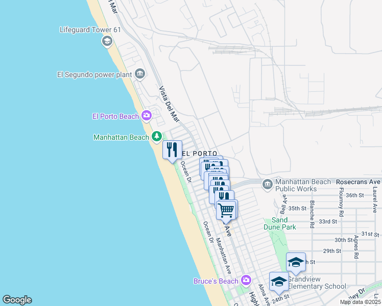map of restaurants, bars, coffee shops, grocery stores, and more near 214 42nd Street in Manhattan Beach