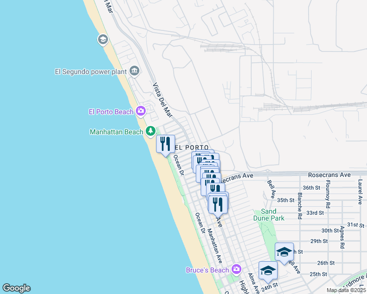 map of restaurants, bars, coffee shops, grocery stores, and more near 214 42nd Street in Manhattan Beach