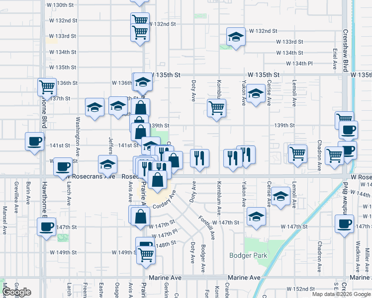 map of restaurants, bars, coffee shops, grocery stores, and more near 14013 1/4 Doty Avenue in Hawthorne