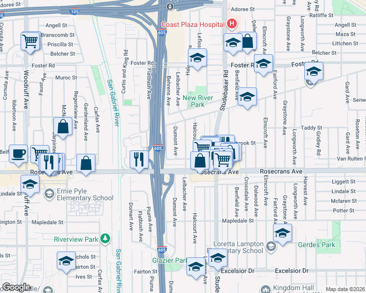 map of restaurants, bars, coffee shops, grocery stores, and more near 14002 Leibacher Avenue in Norwalk