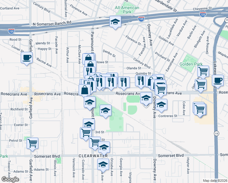 map of restaurants, bars, coffee shops, grocery stores, and more near 8121 Rosecrans Avenue in Paramount