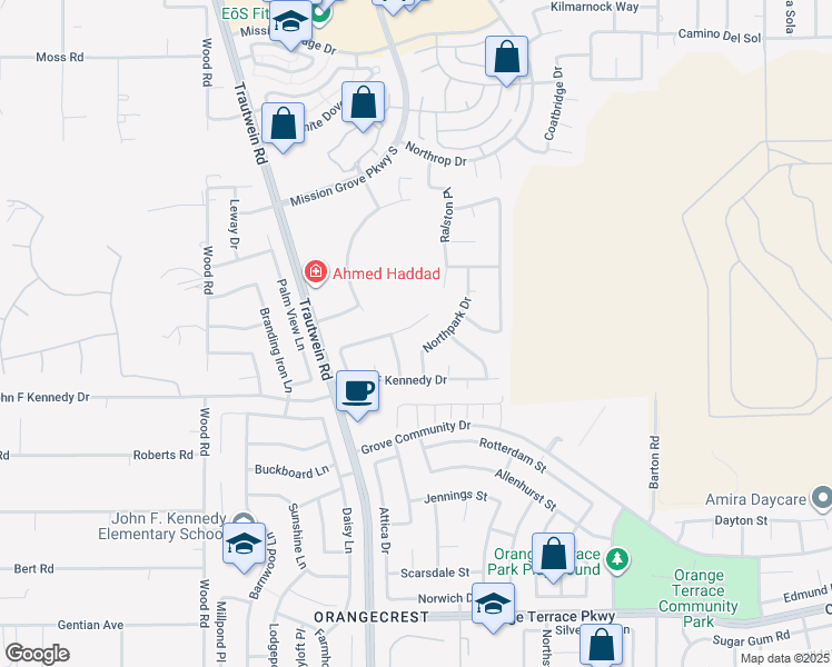 map of restaurants, bars, coffee shops, grocery stores, and more near 19495 De Marco Road in Riverside