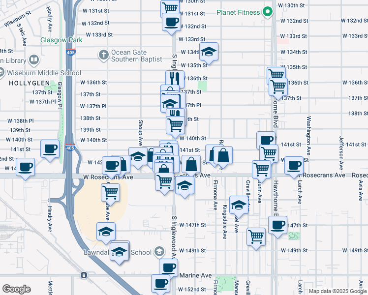 map of restaurants, bars, coffee shops, grocery stores, and more near 4761 West 141st Street in Hawthorne