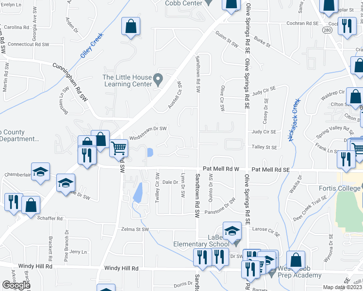 map of restaurants, bars, coffee shops, grocery stores, and more near 161 Summer Lake Drive Southwest in Marietta