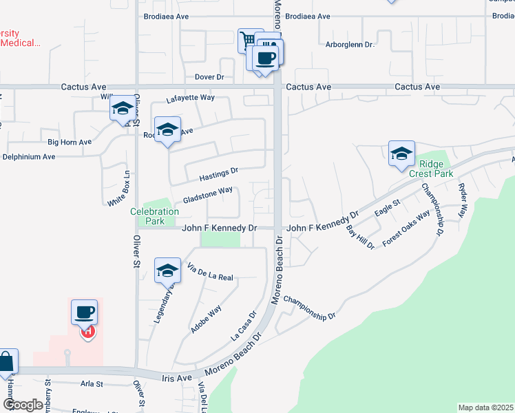 map of restaurants, bars, coffee shops, grocery stores, and more near 27920 John F Kennedy Drive in Moreno Valley