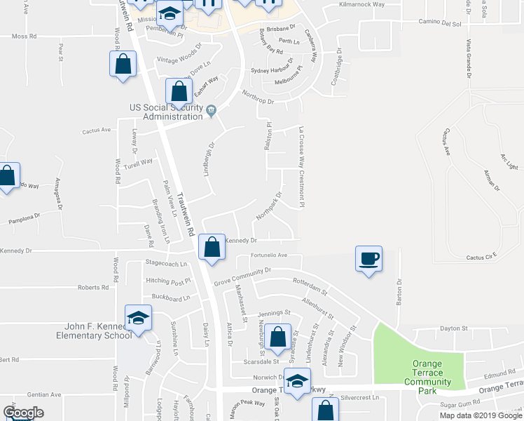 map of restaurants, bars, coffee shops, grocery stores, and more near 19495 De Marco Road in Riverside