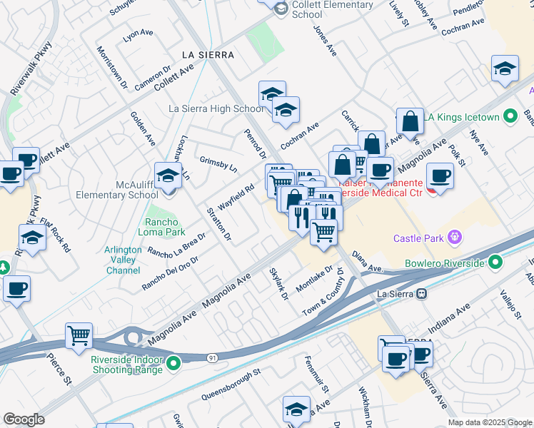 map of restaurants, bars, coffee shops, grocery stores, and more near 6 Fir Tree Drive in Riverside