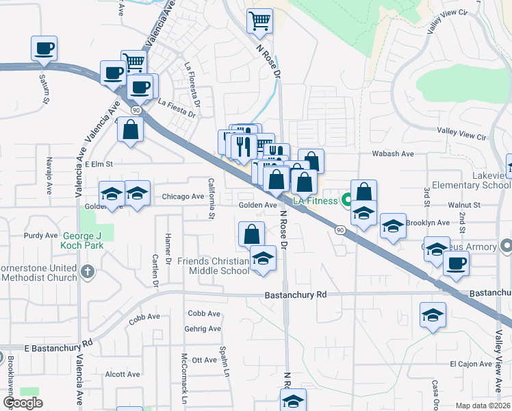 map of restaurants, bars, coffee shops, grocery stores, and more near 2336 Navigation Circle in Placentia