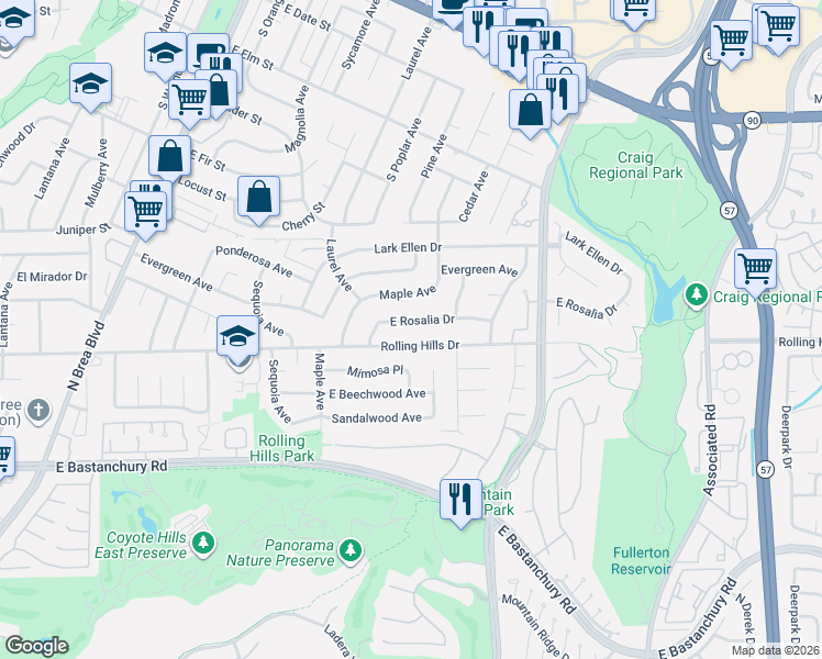 map of restaurants, bars, coffee shops, grocery stores, and more near 1757 East Rosalia Drive in Fullerton