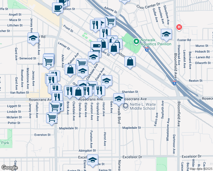 map of restaurants, bars, coffee shops, grocery stores, and more near 12061 Walnut Street in Norwalk