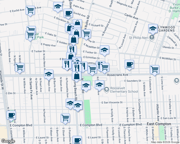 map of restaurants, bars, coffee shops, grocery stores, and more near 1700 Rosecrans Avenue in Compton
