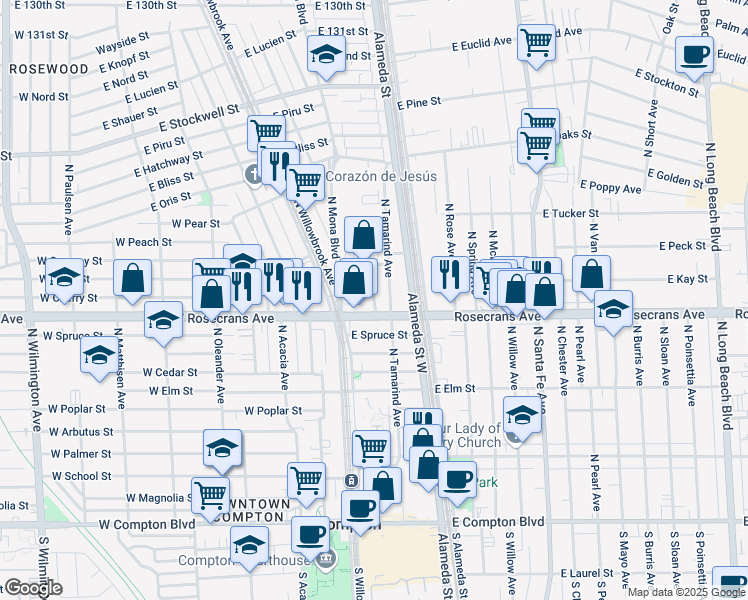map of restaurants, bars, coffee shops, grocery stores, and more near 1311 North Mulberry Street in Compton