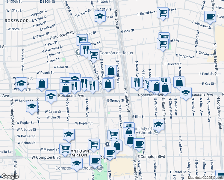 map of restaurants, bars, coffee shops, grocery stores, and more near 1311 North Mulberry Street in Compton