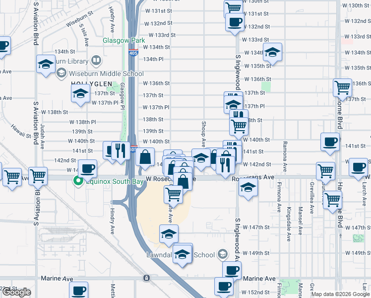 map of restaurants, bars, coffee shops, grocery stores, and more near 5021 West 140th Street in Hawthorne