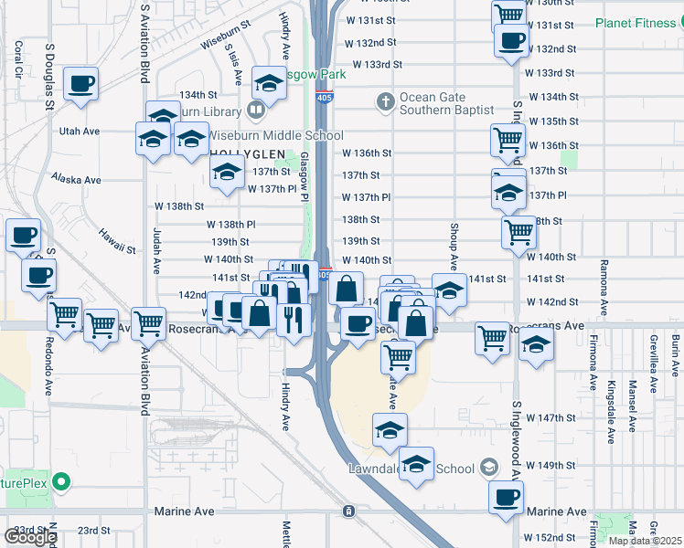 map of restaurants, bars, coffee shops, grocery stores, and more near 5173 West 140th Street in Hawthorne