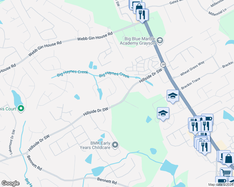 map of restaurants, bars, coffee shops, grocery stores, and more near 1456 Blue Sail Avenue in Grayson